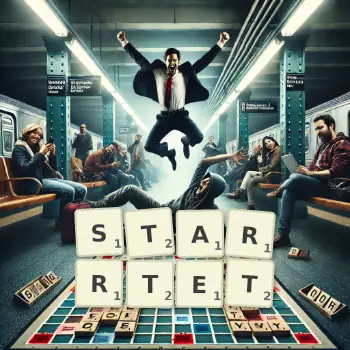Kreative Illustration für ein Scrabble-Spiel, bei dem das Wort STARRTET mit Steinen auf dem Brett gelegt wurde.