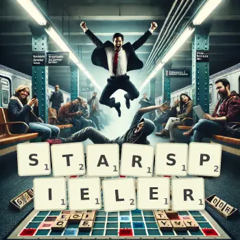 Kreative Illustration für ein Scrabble-Spiel, bei dem das Wort STARSPIELER mit Steinen auf dem Brett gelegt wurde.