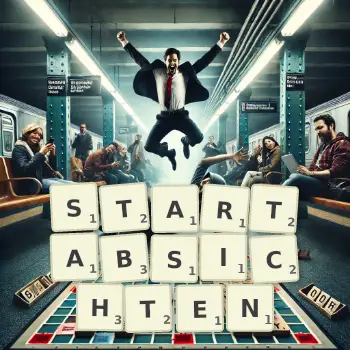 Kreative Illustration für ein Scrabble-Spiel, bei dem das Wort STARTABSICHTEN mit Steinen auf dem Brett gelegt wurde.