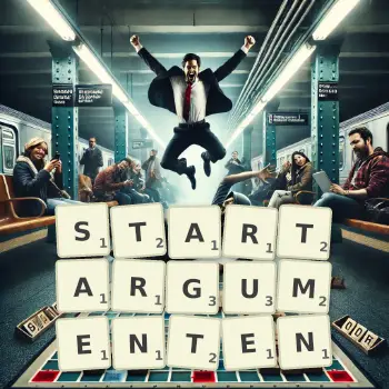 Kreative Illustration für ein Scrabble-Spiel, bei dem das Wort STARTARGUMENTEN mit Steinen auf dem Brett gelegt wurde.
