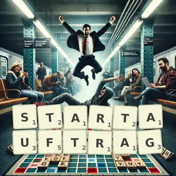 Kreative Illustration für ein Scrabble-Spiel, bei dem das Wort STARTAUFTRAG mit Steinen auf dem Brett gelegt wurde.