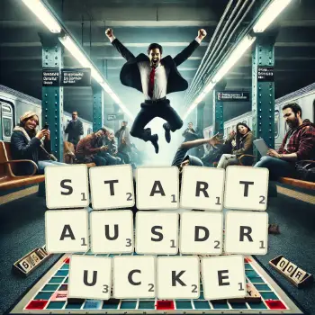 Kreative Illustration für ein Scrabble-Spiel, bei dem das Wort STARTAUSDRUCKE mit Steinen auf dem Brett gelegt wurde.