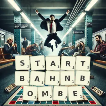 Kreative Illustration für ein Scrabble-Spiel, bei dem das Wort STARTBAHNBOMBE mit Steinen auf dem Brett gelegt wurde.