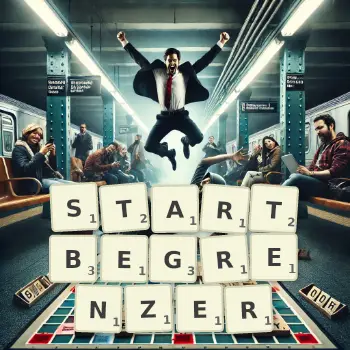 Kreative Illustration für ein Scrabble-Spiel, bei dem das Wort STARTBEGRENZER mit Steinen auf dem Brett gelegt wurde.