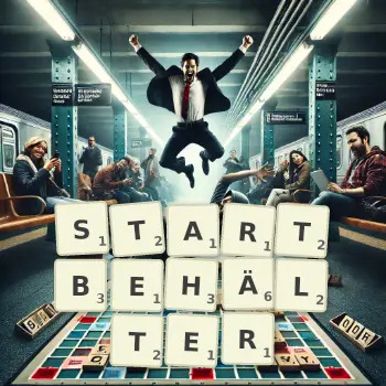Kreative Illustration für ein Scrabble-Spiel, bei dem das Wort STARTBEHÄLTER mit Steinen auf dem Brett gelegt wurde.