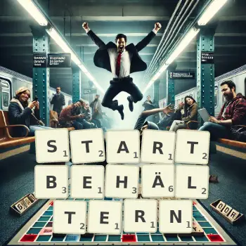 Kreative Illustration für ein Scrabble-Spiel, bei dem das Wort STARTBEHÄLTERN mit Steinen auf dem Brett gelegt wurde.