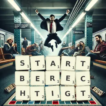 Kreative Illustration für ein Scrabble-Spiel, bei dem das Wort STARTBERECHTIGT mit Steinen auf dem Brett gelegt wurde.