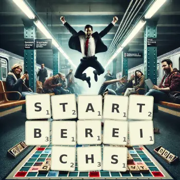 Kreative Illustration für ein Scrabble-Spiel, bei dem das Wort STARTBEREICHS mit Steinen auf dem Brett gelegt wurde.