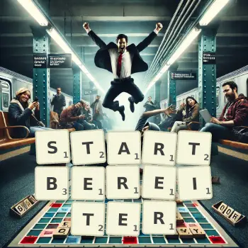 Kreative Illustration für ein Scrabble-Spiel, bei dem das Wort STARTBEREITER mit Steinen auf dem Brett gelegt wurde.