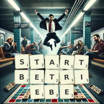 Kreative Illustration für ein Scrabble-Spiel, bei dem das Wort STARTBETRIEBE mit Steinen auf dem Brett gelegt wurde.