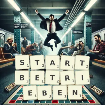 Kreative Illustration für ein Scrabble-Spiel, bei dem das Wort STARTBETRIEBEN mit Steinen auf dem Brett gelegt wurde.