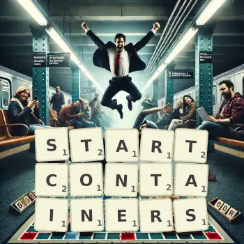 Kreative Illustration für ein Scrabble-Spiel, bei dem das Wort STARTCONTAINERS mit Steinen auf dem Brett gelegt wurde.