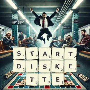 Kreative Illustration für ein Scrabble-Spiel, bei dem das Wort STARTDISKETTE mit Steinen auf dem Brett gelegt wurde.