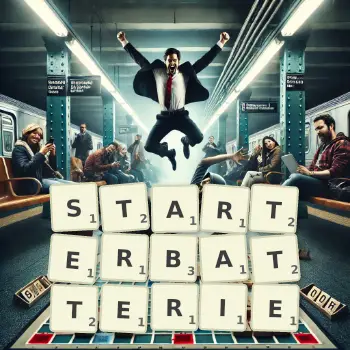 Kreative Illustration für ein Scrabble-Spiel, bei dem das Wort STARTERBATTERIE mit Steinen auf dem Brett gelegt wurde.