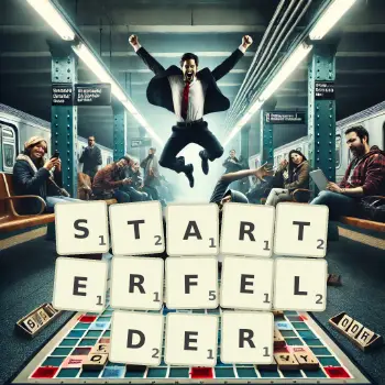 Kreative Illustration für ein Scrabble-Spiel, bei dem das Wort STARTERFELDER mit Steinen auf dem Brett gelegt wurde.