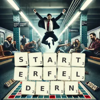 Kreative Illustration für ein Scrabble-Spiel, bei dem das Wort STARTERFELDERN mit Steinen auf dem Brett gelegt wurde.