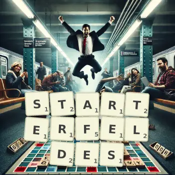 Kreative Illustration für ein Scrabble-Spiel, bei dem das Wort STARTERFELDES mit Steinen auf dem Brett gelegt wurde.