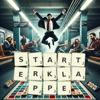 Kreative Illustration für ein Scrabble-Spiel, bei dem das Wort STARTERKLAPPE mit Steinen auf dem Brett gelegt wurde.