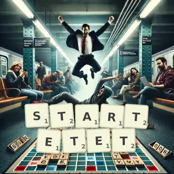 Kreative Illustration für ein Scrabble-Spiel, bei dem das Wort STARTETET mit Steinen auf dem Brett gelegt wurde.