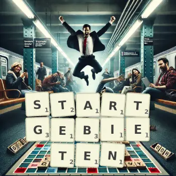 Kreative Illustration für ein Scrabble-Spiel, bei dem das Wort STARTGEBIETEN mit Steinen auf dem Brett gelegt wurde.