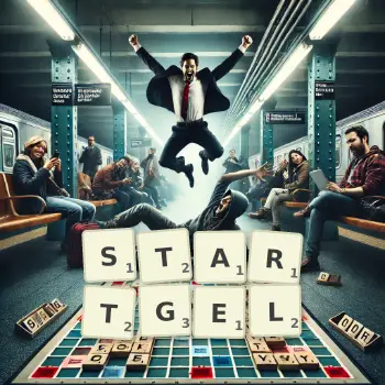 Kreative Illustration für ein Scrabble-Spiel, bei dem das Wort STARTGEL mit Steinen auf dem Brett gelegt wurde.