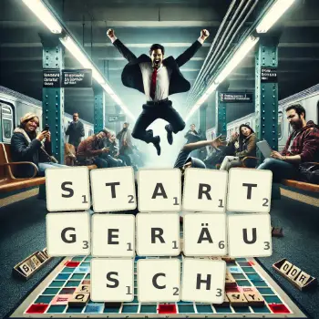 Kreative Illustration für ein Scrabble-Spiel, bei dem das Wort STARTGERÄUSCH mit Steinen auf dem Brett gelegt wurde.