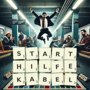 Kreative Illustration für ein Scrabble-Spiel, bei dem das Wort STARTHILFEKABEL mit Steinen auf dem Brett gelegt wurde.