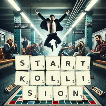 Kreative Illustration für ein Scrabble-Spiel, bei dem das Wort STARTKOLLISION mit Steinen auf dem Brett gelegt wurde.