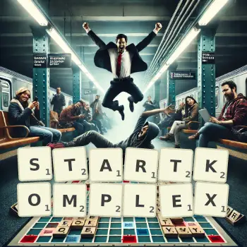 Kreative Illustration für ein Scrabble-Spiel, bei dem das Wort STARTKOMPLEX mit Steinen auf dem Brett gelegt wurde.