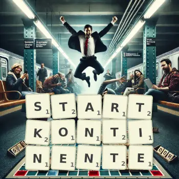 Kreative Illustration für ein Scrabble-Spiel, bei dem das Wort STARTKONTINENTE mit Steinen auf dem Brett gelegt wurde.