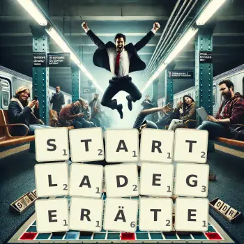 Kreative Illustration für ein Scrabble-Spiel, bei dem das Wort STARTLADEGERÄTE mit Steinen auf dem Brett gelegt wurde.