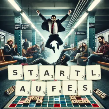 Kreative Illustration für ein Scrabble-Spiel, bei dem das Wort STARTLAUFES mit Steinen auf dem Brett gelegt wurde.