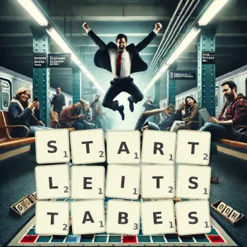 Kreative Illustration für ein Scrabble-Spiel, bei dem das Wort STARTLEITSTABES mit Steinen auf dem Brett gelegt wurde.