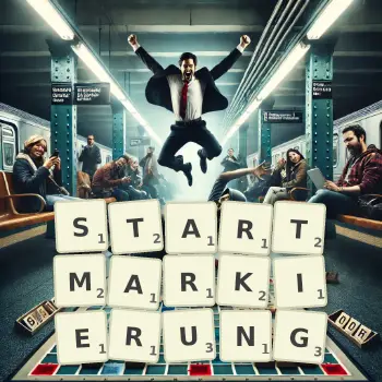 Kreative Illustration für ein Scrabble-Spiel, bei dem das Wort STARTMARKIERUNG mit Steinen auf dem Brett gelegt wurde.
