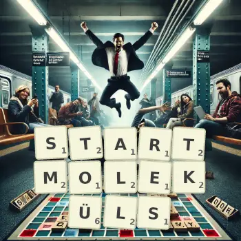 Kreative Illustration für ein Scrabble-Spiel, bei dem das Wort STARTMOLEKÜLS mit Steinen auf dem Brett gelegt wurde.