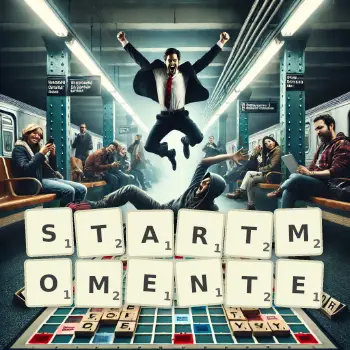 Kreative Illustration für ein Scrabble-Spiel, bei dem das Wort STARTMOMENTE mit Steinen auf dem Brett gelegt wurde.