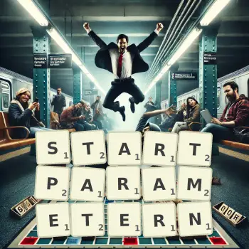 Kreative Illustration für ein Scrabble-Spiel, bei dem das Wort STARTPARAMETERN mit Steinen auf dem Brett gelegt wurde.