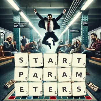 Kreative Illustration für ein Scrabble-Spiel, bei dem das Wort STARTPARAMETERS mit Steinen auf dem Brett gelegt wurde.