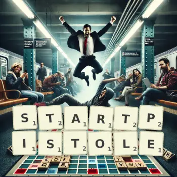 Kreative Illustration für ein Scrabble-Spiel, bei dem das Wort STARTPISTOLE mit Steinen auf dem Brett gelegt wurde.