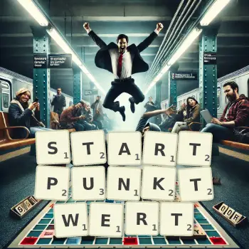 Kreative Illustration für ein Scrabble-Spiel, bei dem das Wort STARTPUNKTWERT mit Steinen auf dem Brett gelegt wurde.