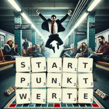 Kreative Illustration für ein Scrabble-Spiel, bei dem das Wort STARTPUNKTWERTE mit Steinen auf dem Brett gelegt wurde.