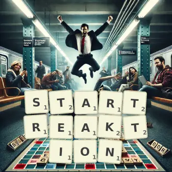 Kreative Illustration für ein Scrabble-Spiel, bei dem das Wort STARTREAKTION mit Steinen auf dem Brett gelegt wurde.