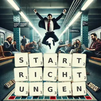 Kreative Illustration für ein Scrabble-Spiel, bei dem das Wort STARTRICHTUNGEN mit Steinen auf dem Brett gelegt wurde.