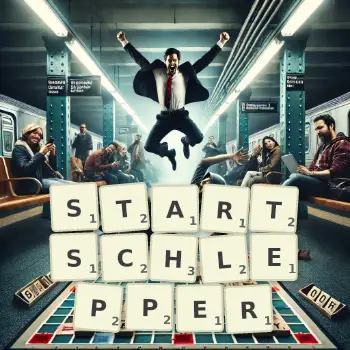 Kreative Illustration für ein Scrabble-Spiel, bei dem das Wort STARTSCHLEPPER mit Steinen auf dem Brett gelegt wurde.
