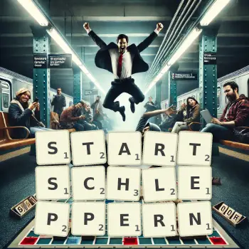 Kreative Illustration für ein Scrabble-Spiel, bei dem das Wort STARTSCHLEPPERN mit Steinen auf dem Brett gelegt wurde.