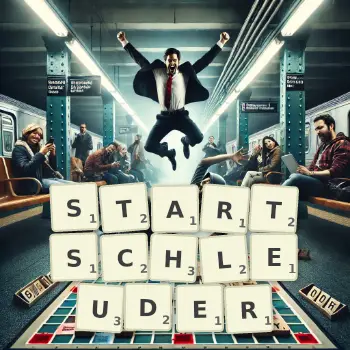 Kreative Illustration für ein Scrabble-Spiel, bei dem das Wort STARTSCHLEUDER mit Steinen auf dem Brett gelegt wurde.