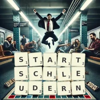 Kreative Illustration für ein Scrabble-Spiel, bei dem das Wort STARTSCHLEUDERN mit Steinen auf dem Brett gelegt wurde.