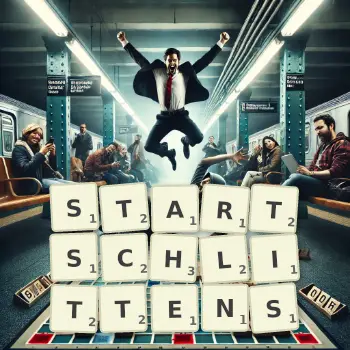 Kreative Illustration für ein Scrabble-Spiel, bei dem das Wort STARTSCHLITTENS mit Steinen auf dem Brett gelegt wurde.