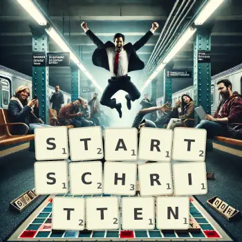 Kreative Illustration für ein Scrabble-Spiel, bei dem das Wort STARTSCHRITTEN mit Steinen auf dem Brett gelegt wurde.