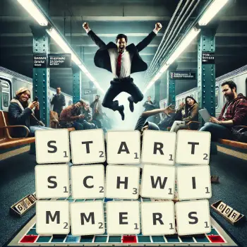 Kreative Illustration für ein Scrabble-Spiel, bei dem das Wort STARTSCHWIMMERS mit Steinen auf dem Brett gelegt wurde.